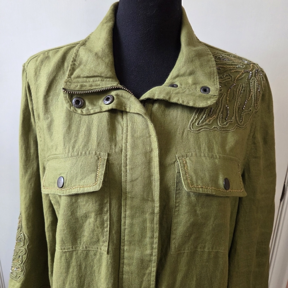 CHICO'S Linen Beaded Jacket Green Large - Picture 2 of 8